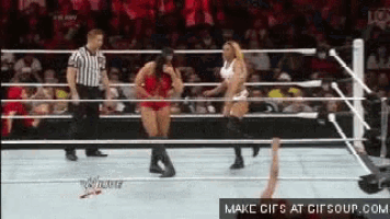 a woman is standing in a wrestling ring with a referee .