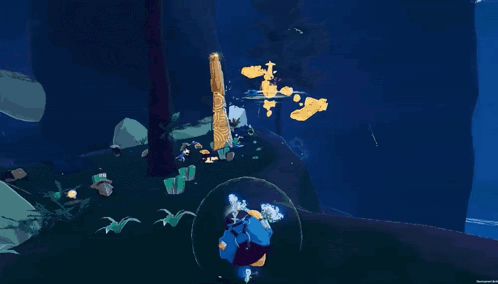 a screenshot of a video game with a blue background and a few bubbles