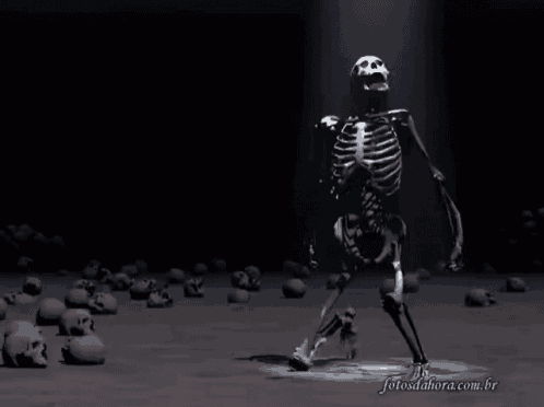 a skeleton is surrounded by skulls with the website fotosdahora.com.br at the bottom of the image