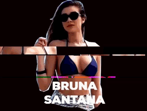a woman in a bikini with the name bruna santana in green