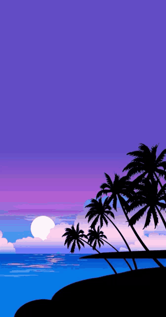 a man stands in front of a sunset with palm trees in the foreground