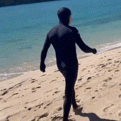 a person in a wet suit is walking on a beach