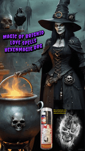 a poster of a witch with the words magic of bright love spells hexenmagie.org on it