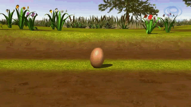 a cartoon of an egg laying on the ground with flowers in the background