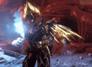 a video game character with wings is standing in a cave
