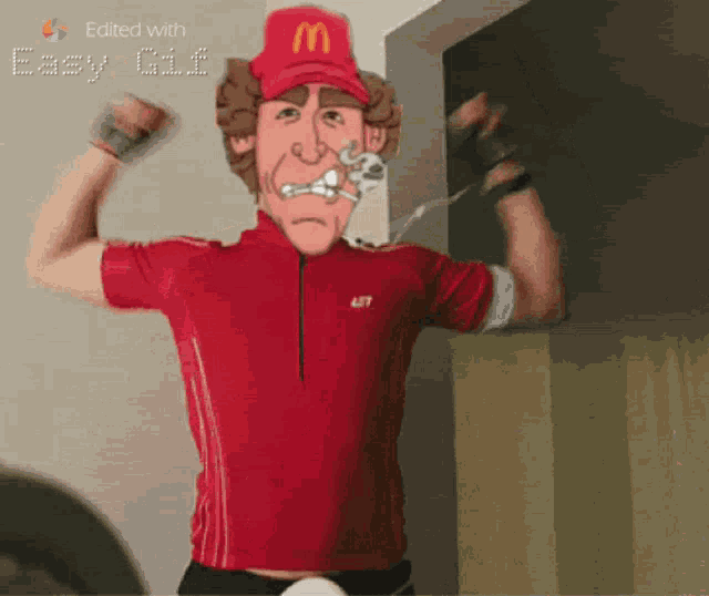 a man in a mcdonald 's uniform flexing his muscles