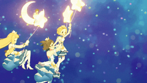 a cartoon of three girls flying through the air holding stars and a crescent moon