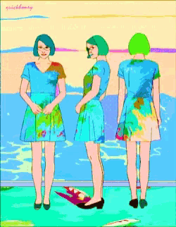 a woman in a blue dress is standing in front of a body of water and the word quickhoney is on the bottom
