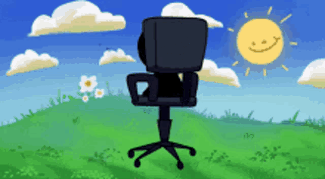 a cartoon drawing of a chair in a field with a smiling sun behind it