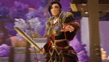 a woman in armor is holding a sword in front of a purple background