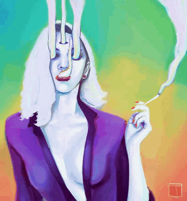 a painting of a woman smoking a cigarette with her hands covering her eyes