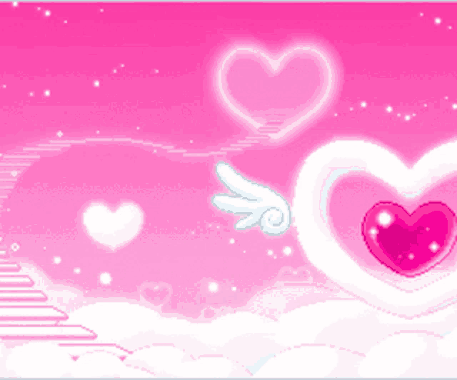 a pink background with hearts and clouds and a pink heart with wings