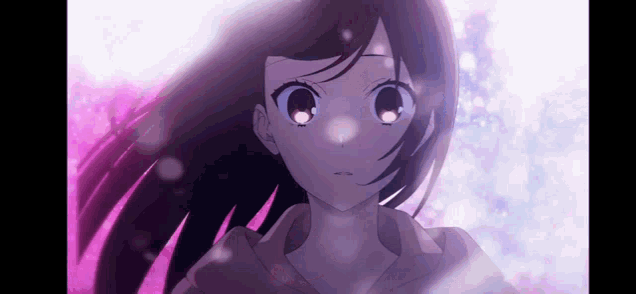 a close up of a girl with purple hair and a purple background
