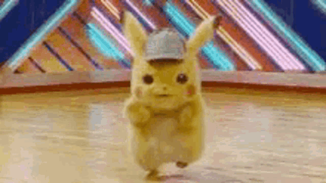 a pikachu wearing a hat is dancing on a stage in front of neon lights .