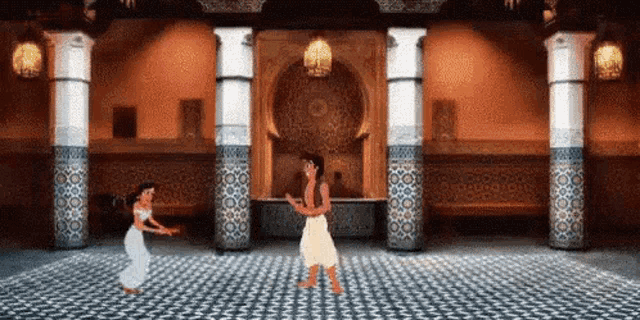 a man and a woman are dancing in a room with columns and lamps .