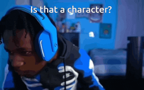 a man wearing headphones with the words is that a character