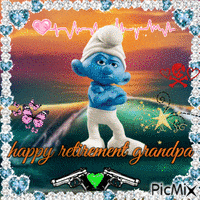 a picture of a smurf with the words happy retirement grandpa on it