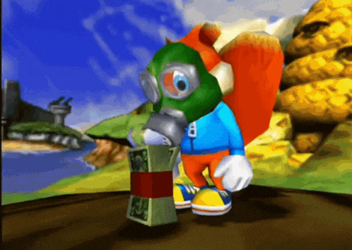 a cartoon character wearing a gas mask holding a stack of money