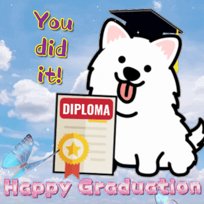 a cartoon dog holding a diploma with the words you did it happy graduation below it