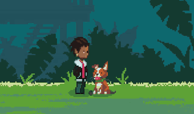 a pixel art drawing of a woman and a dog