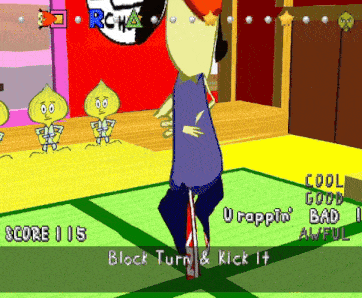 a cartoon character is standing on a mat with the words block turn & kick it below him