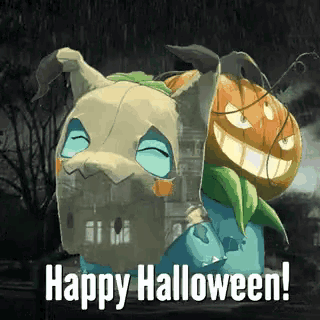 a happy halloween greeting with a picture of a pokemon and a pumpkin .