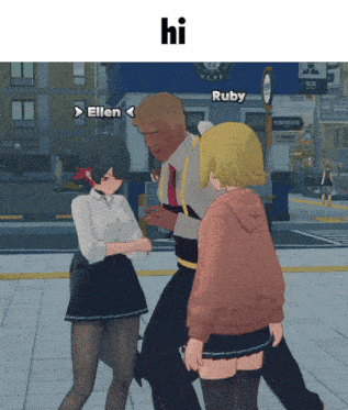 ruby and ellen are standing next to each other in front of a store
