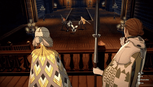 a screenshot of a video game shows a man holding a sword and a woman holding a spear