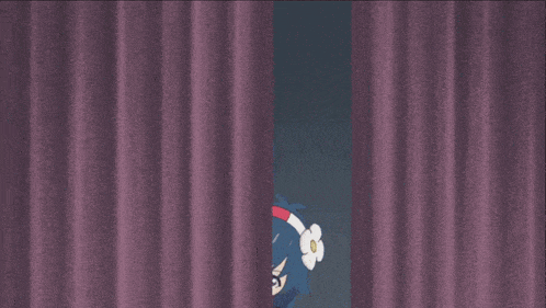 three anime characters peeking out of a purple curtain