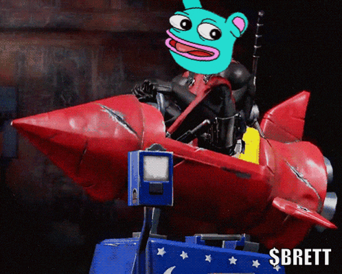 a cartoon character is riding a red rocket with $brett written on the side