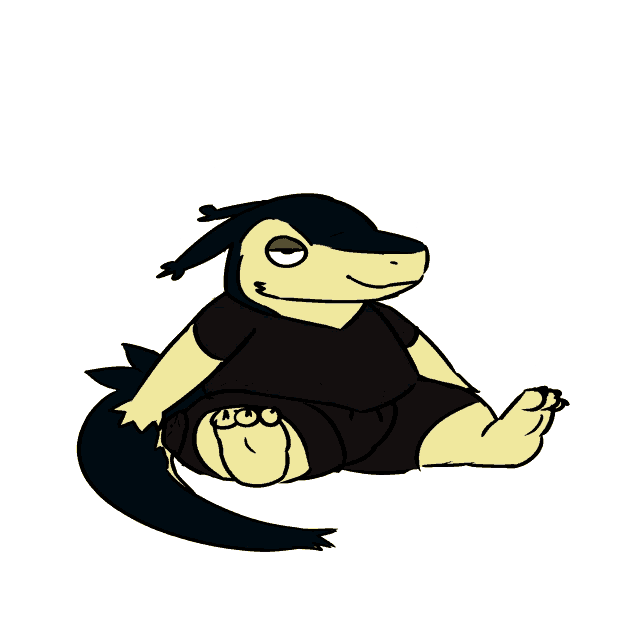 a cartoon drawing of a lizard wearing a black shirt