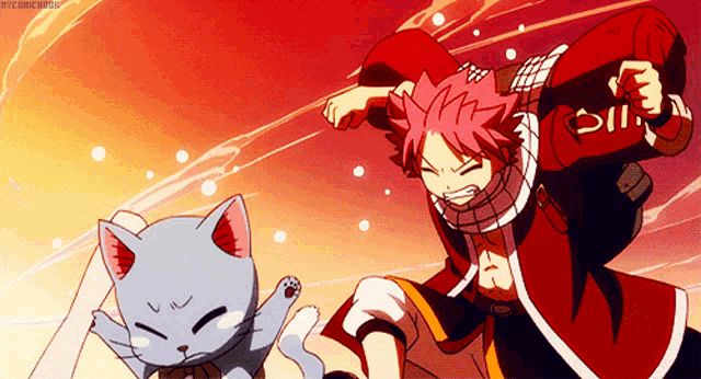 a man in a red shirt is standing next to a cat in a fairy tail anime scene