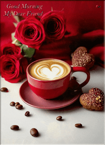 a cup of coffee with a heart shaped foam and roses behind it and the words good morning my dear friend