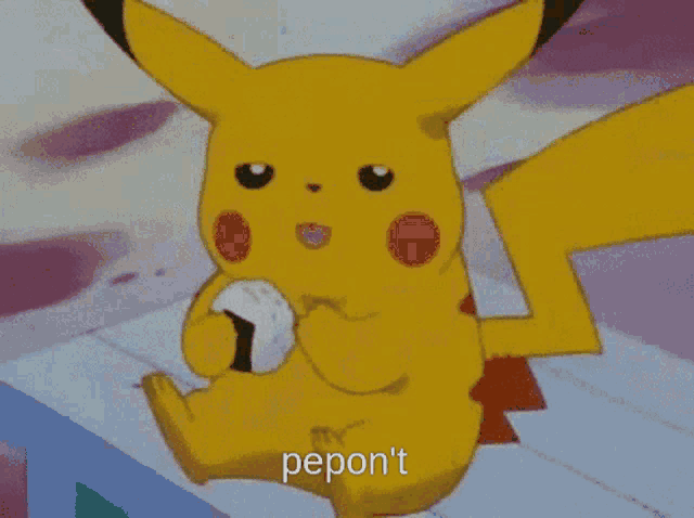 a cartoon pikachu is holding a piece of rice and the word pepon 't is on the bottom