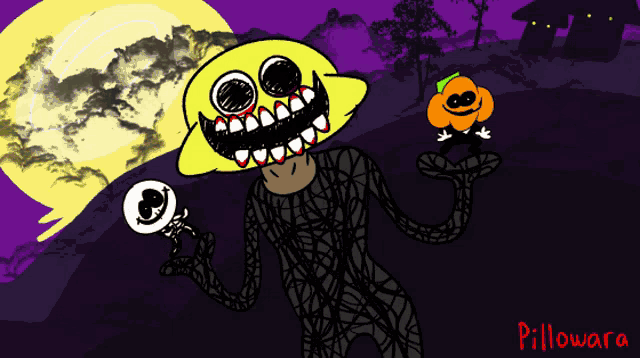 a drawing of a lemon monster and a pumpkin with the name pillowara written below it