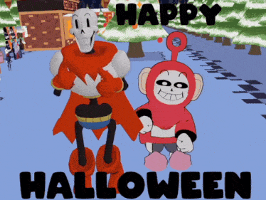 two cartoon characters are standing next to each other with the words happy halloween below them