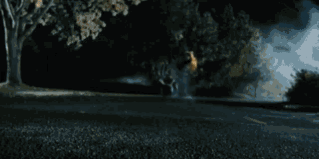 a blurry picture of a car driving down a road at night .