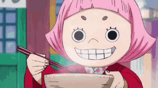a cartoon character with pink hair is eating food with chopsticks .