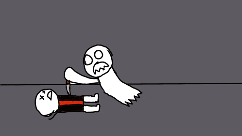 a cartoon of a ghost holding a knife next to a dead body