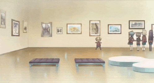 a cartoon girl is standing in a museum looking at pictures .