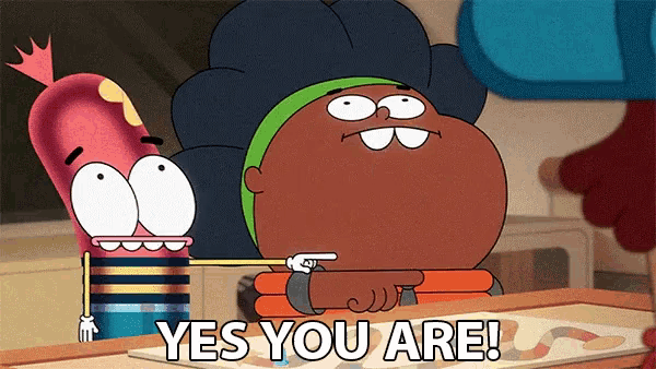 a cartoon character says " yes you are " in front of a sausage
