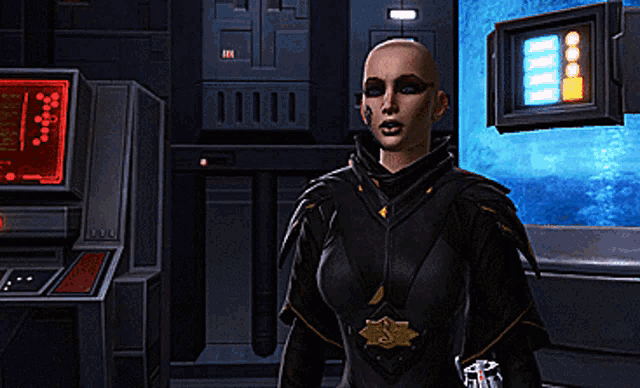 a woman in a futuristic suit stands in front of a monitor that says ' ii ' on it