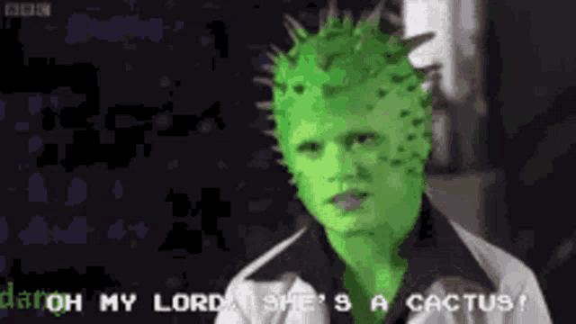 a man with a cactus on his head is talking to another man .