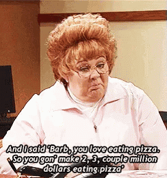 a woman with red hair and glasses is talking about eating pizza .