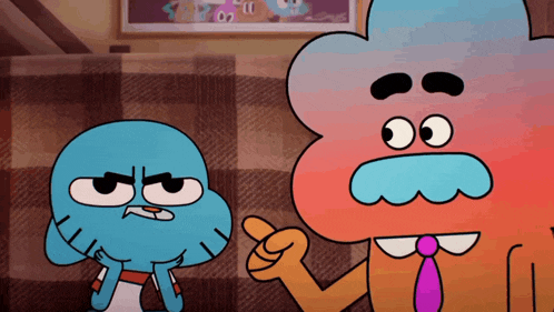 two cartoon characters are standing next to each other and one of them has a mustache