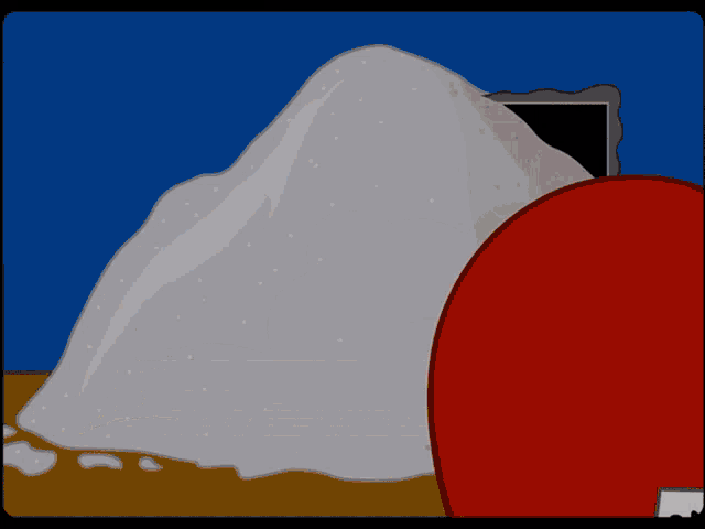 a cartoon drawing of a mountain with a red object in the foreground