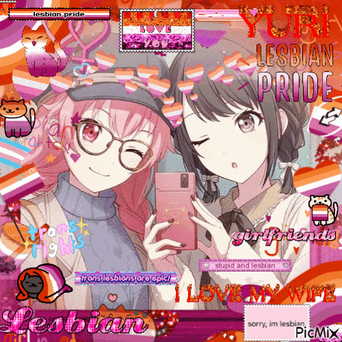 two anime girls taking a selfie with the words lesbian pride girlfriends