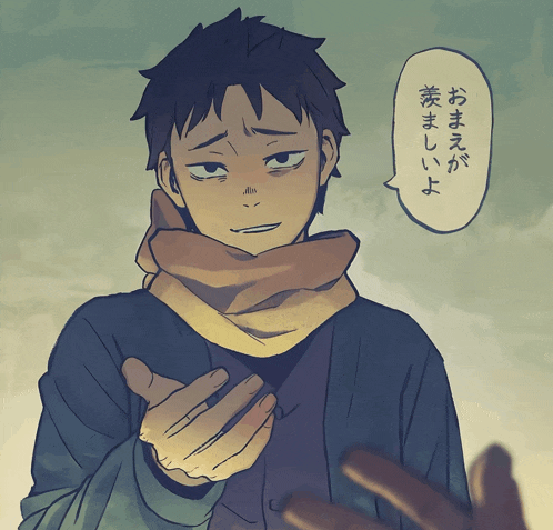 a drawing of a man with a scarf around his neck and a speech bubble with chinese writing