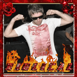 a man wearing a shirt that says wanna fuck me babe flexes his muscles