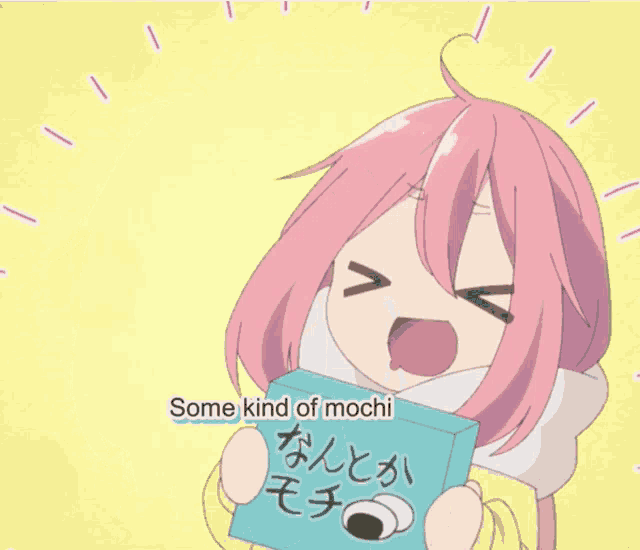 a cartoon girl with pink hair is holding a box of some kind of mochi